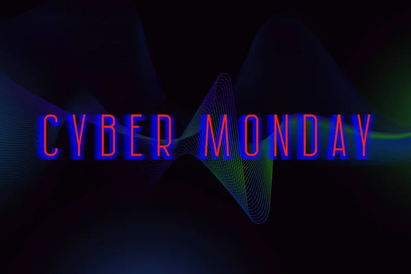 Кибер понедельник светящийся текст на динамическом импульсном фоне. Дизайн рекламного баннера . — стоковый вектор