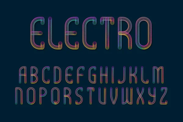 Electro alfabeto de letras iridescentes de anéis brilhantes. Fonte espiral brilhante. Alfabeto inglês isolado . — Vetor de Stock