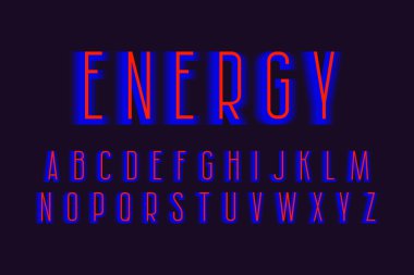 Kırmızı mavi harflerden oluşan enerji alfabesi. Şehirli canlı yazı tipi. İzole edilmiş İngiliz alfabesi.