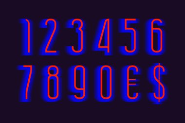 Kırmızı mavi katmanlı enerjik sayılar ve para birimi işaretleri.