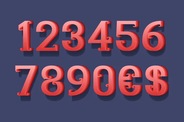 Números rojos 3d y signos de moneda con serifs rizados . — Vector de stock