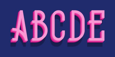 A, B, C, D, E pembe 3D harfler. Kentsel hacimsel retro yazı tipi.