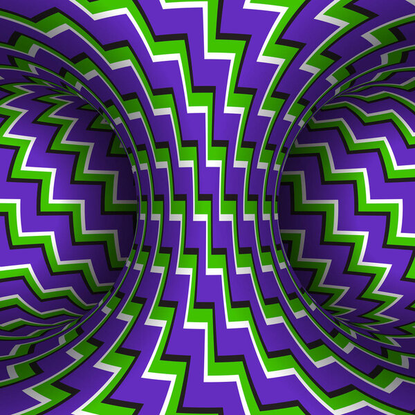 Moving zigzag patterned torus of purple green stripes. Vector hypnotic optical illusion illustration.
