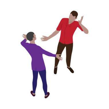 Two men emotionally greet each other. Isolated people in isometric view. Scene of friends, partners or colleagues in isometry.