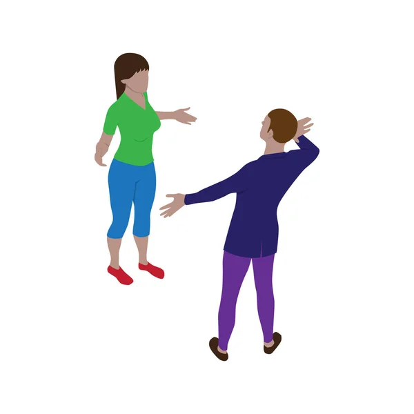 Isometric scene of man and woman who are talking and gesticulate actively. Isolated people in isometry. Couple of young people arguing about something.