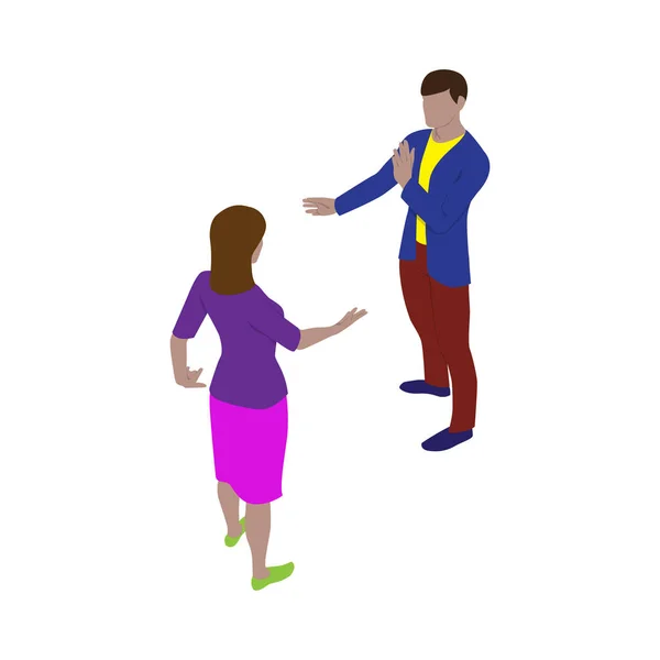 Isolated man and woman talk and gesticulate while standing. Scene of people in isometric view. — Stok Vektör
