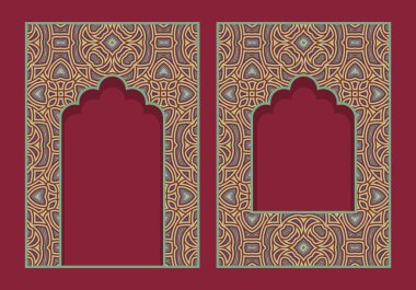 Geleneksel kapı ve pencere şeklinde Hint desenli çerçeveler. Broşür, kitap veya tebrik kartı renkli kapak tasarımı.