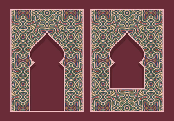 Indiska välvda ramar i form av traditionella dörr och fönster. Broschyr, bok eller gratulationskort färgglada omslag bakgrund design. — Stock vektor