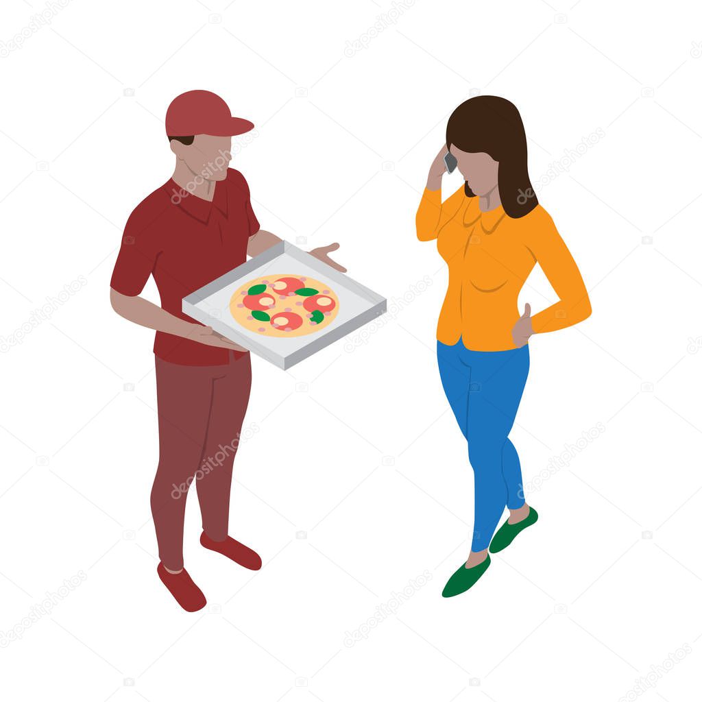 Woman talking on the phone and pizza delivery man with pizza box in his hands. Scene of people in isometric view.