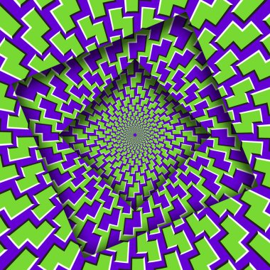 Çerçevelerin soyut dönüşümlü mor yeşil garip desenleri var. Optik illüzyon hipnotik arka plan.