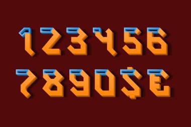 Volumetrik turuncu mavi sayılar ve doğu tarzında para birimi işaretleri. 3d yazı tipini göster.