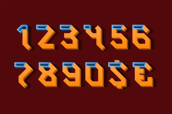 Objętościowe Pomarańczowe Numery Niebieskie Znaki Walutowe Orientalnym Stylu Czcionka Wyświetlacza — Wektor stockowy
