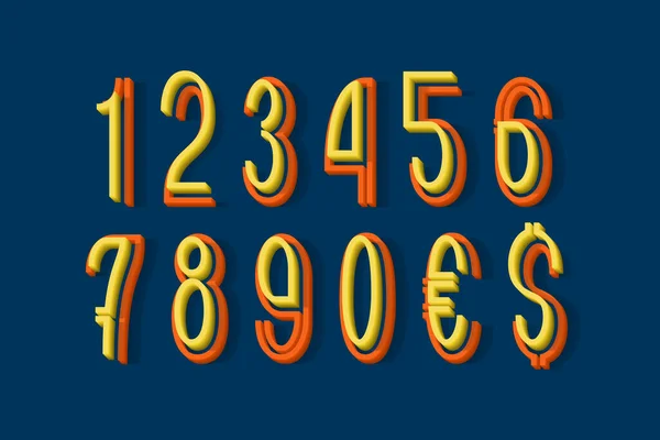 Números Volumétricos Color Amarillo Anaranjado Signos Moneda Display Fuente — Vector de stock