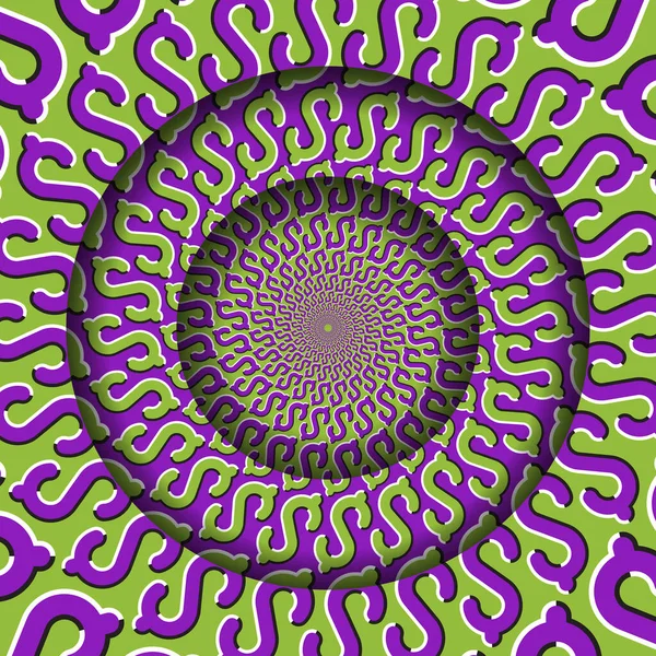 動きのある緑色の紫色のドル記号パターンを持つ抽象的なラウンドフレーム 光学幻想催眠装飾 — ストックベクタ
