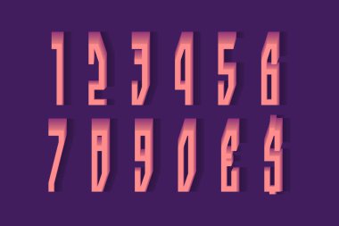 Volumetrik mercan pembe sayılar ve para birimi işaretleri. 3d yazı tipini katı bir şekilde göster.