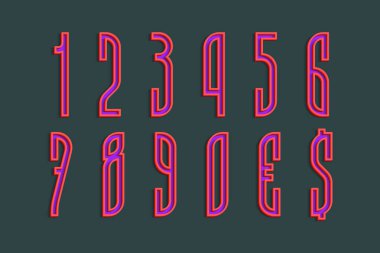 Mor sayılar ve kırmızı hacimli döviz işaretleri. 3d yazı tipini göster.