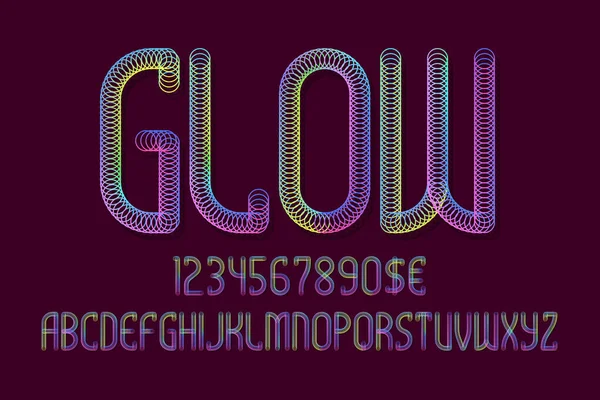 Alfabeto Brillante Con Números Signos Moneda Iridescent Glow Fuente — Archivo Imágenes Vectoriales