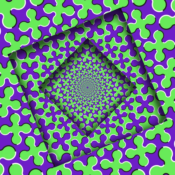 アブストラクト回転する緑色紫色の十字形のフレームをパターンにしたもの 光錯視催眠的背景 — ストックベクタ