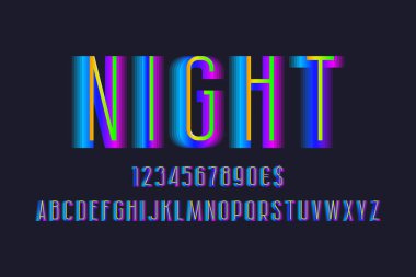 Sayılar ve döviz işaretleriyle gece alfabesi. Gradyan katmanlı yazı tipi.