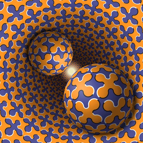2つのボールが穴に動いています 十字形のパターンの3Dオブジェクト 超現実的なスタイルでの光錯視抽象化 — ストックベクタ