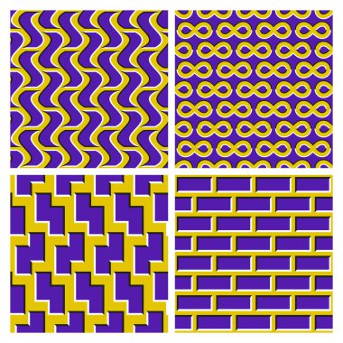 Sarı mor optik illüzyon desenleri hareketli dalgalı dörtgenler, sonsuzluk sembolleri, zigzag şekilleri ve tuğla işleri..