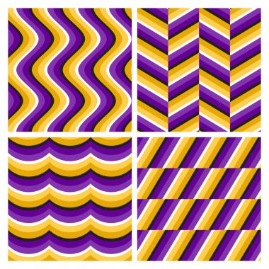 Mor altın optik yanılsamalar. Dalgalı çizgilerin, ringa kemiğinin, dalgaların ve eğimli dörtgenlerin kusursuz desenleri..