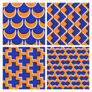 Hareket eden orak, ok, haç ve bulutlardan oluşan turuncu mavi göz yanılsamaları dizisi.