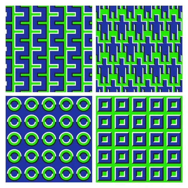 Set Green Blue Optical Illusion Seamless Patterns Moving Broken Stripes — Stock Vector