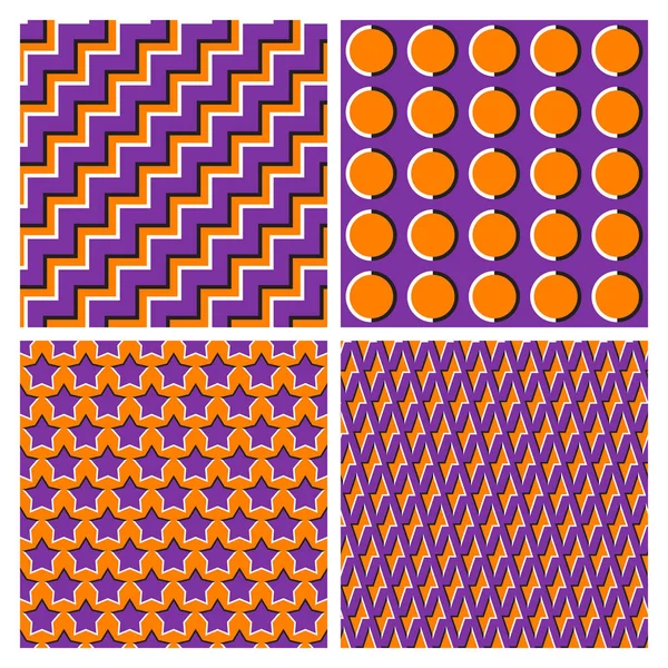 Set Orange Purple Optical Illusion Seamless Patterns Moving Zigzag Stripes — Stock Vector