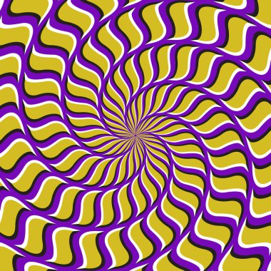 Optik hareket ilüzyon vektör arka planı. Sarı mor spiral desen merkezde hareket ediyor.