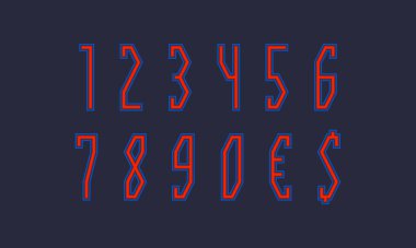 Kırmızı mavi parlak izole sayılar ve para birimi işaretleri. Parlak yazı tipi.