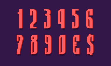 Kalın kırmızı 3D sayılar ve para birimi işaretleri. Ses düzeyi görüntüleme yazı tipi.