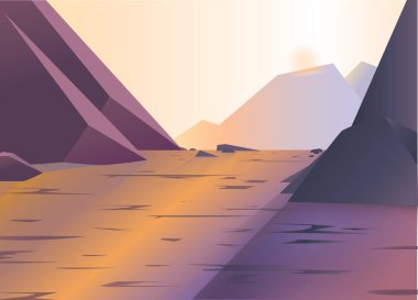 Kayalık dağların güzel manzarası ve gün batımının altında yansımaları ve gölgeleri olan büyük bir göl. Vektör İllüstrasyonu.