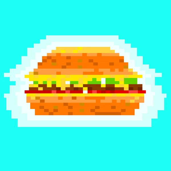 Pixelová Ilustrace Čerstvého Chutného Burgeru Modrém Pozadí Grafika Hry — Stockový vektor