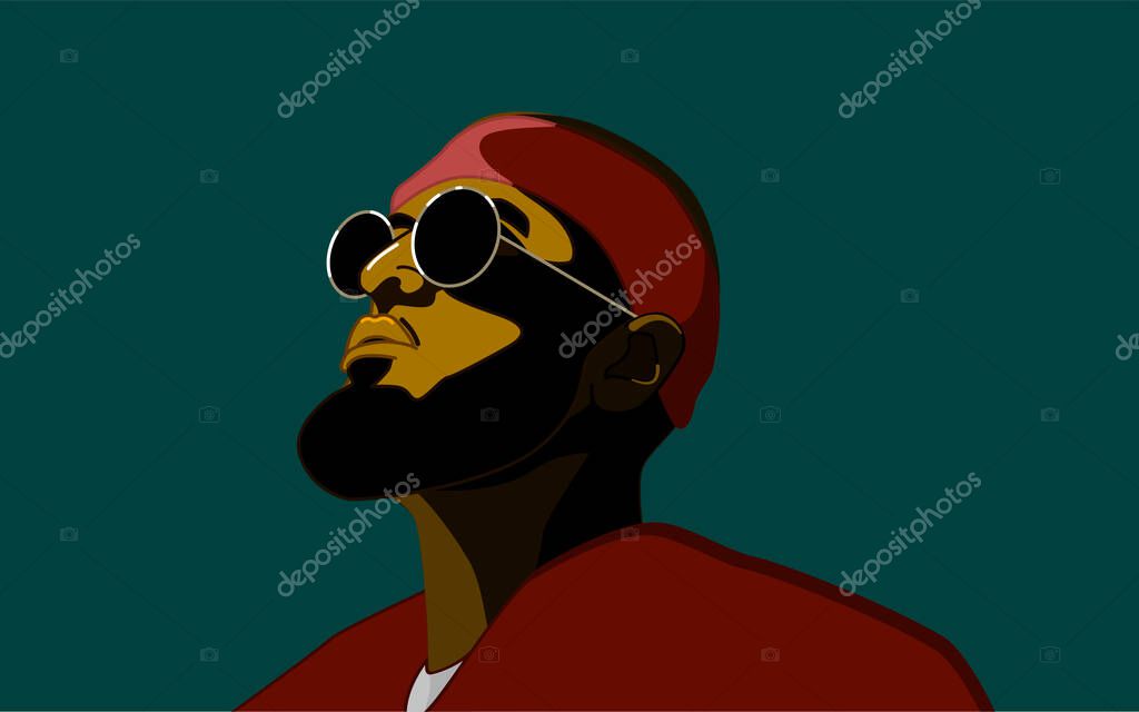 Isolated vector illustration of fashionable and brutal man looking up on light though the sunglasses.
