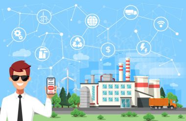 Mühendis ve akıllı fabrika kavramı. Endüstriyel internet şey. Sensör ağ.