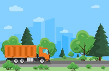 Orman yolu yolda hareket kamyon. Taşımacılık şirketi. Arka plan üzerinde şehir.