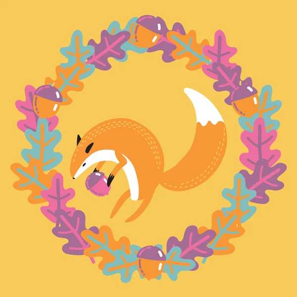 Autumn illustration of fox with an acorn in a wreath — Stock Vector