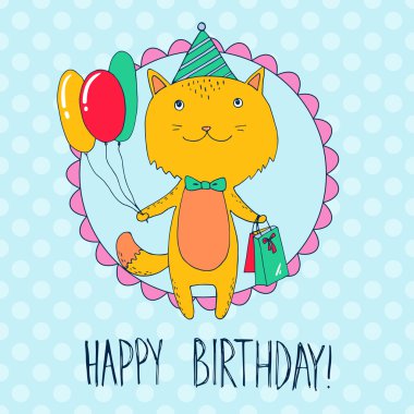 Doğum günü kartı hediye ve balon ile kedi ile