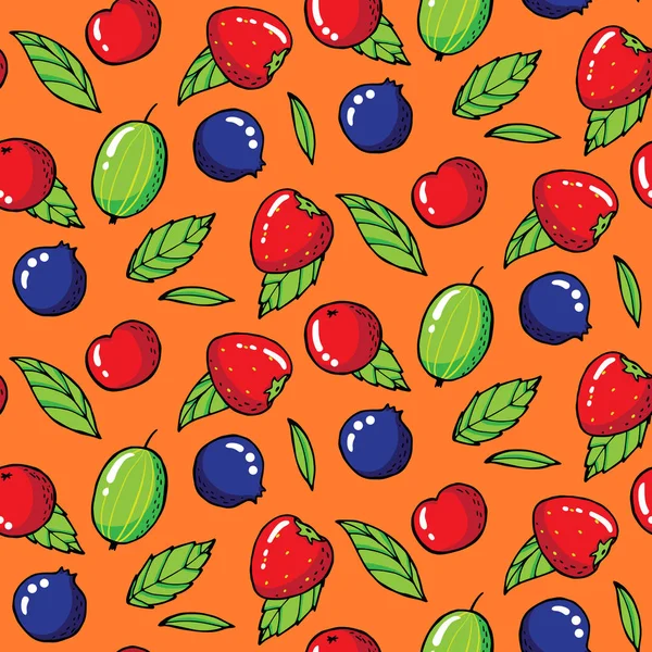 Sommer nahtloses Muster mit Stachelbeeren, Erdbeeren und Blac — Stockvektor
