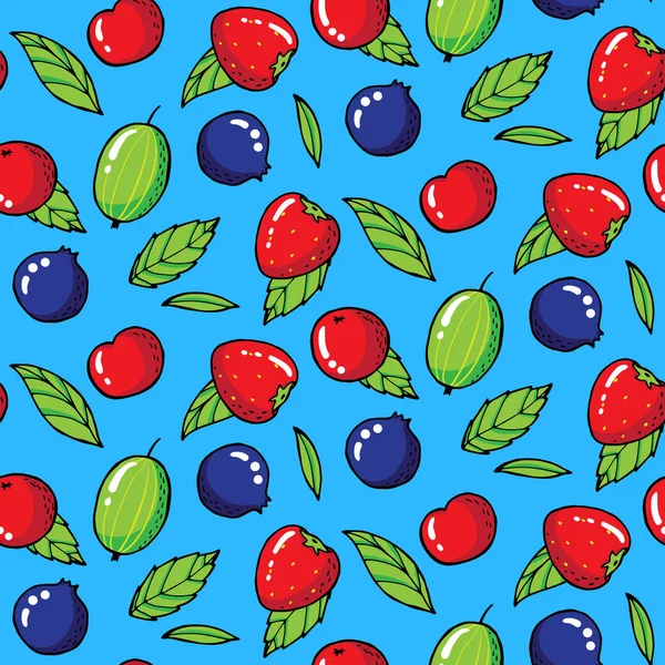Modèle sans couture d'été avec groseilles à maquereau, fraises et blac — Image vectorielle