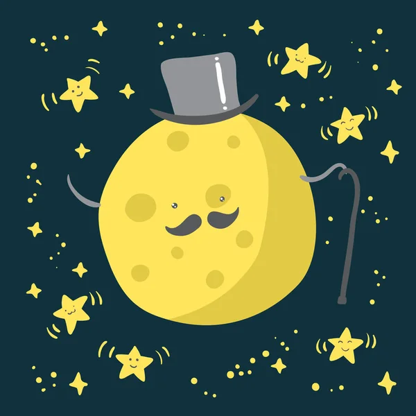 Moon med mustasch och dansande stjärnor — Stock vektor