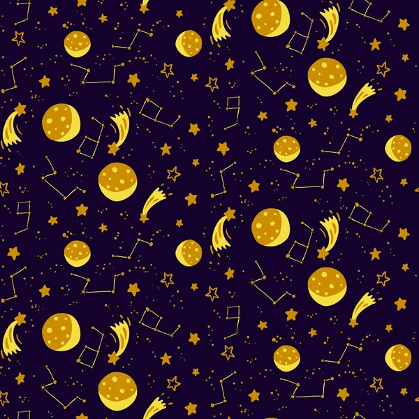 Seamless space pattern with moons, stars and constellations — Stock Vector