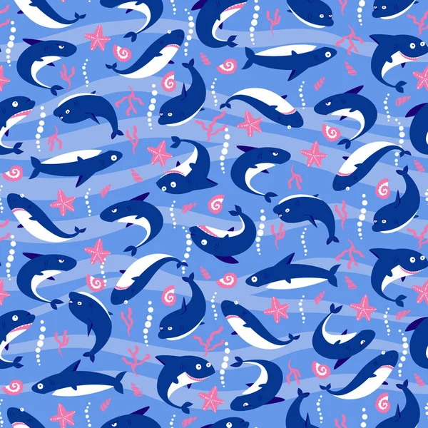 Бесшовный рисунок с милыми акулами — стоковый вектор