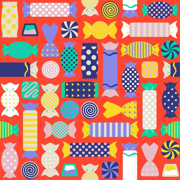 Motif sans couture avec différents bonbons colorés — Image vectorielle