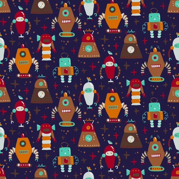 Seamless pattern with different vintage robots — Stock Vector