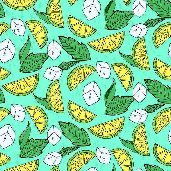 Seamless mönster med citroner, is och mynta — Stock vektor