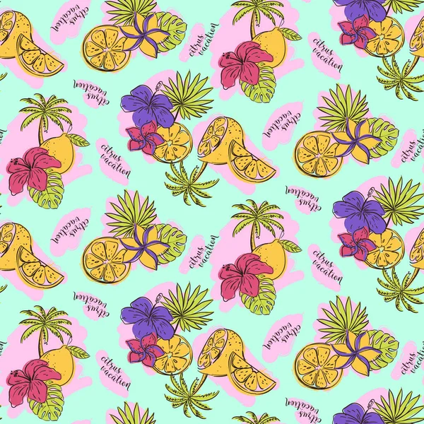 Motif Sans Couture Avec Citrons Fruits Palmiers Fleurs Illustration Vectorielle — Image vectorielle