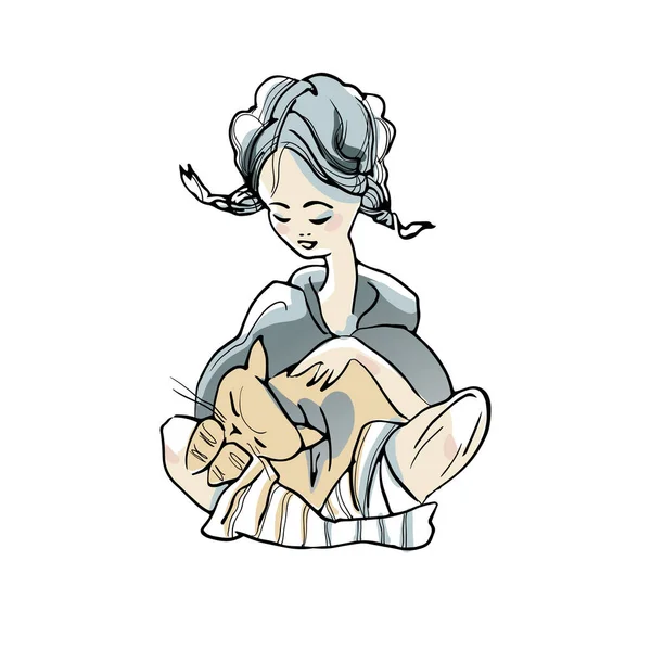 Náčrt aktivní zóny roztomilý kreslený dívka s kočkou. — Stockový vektor