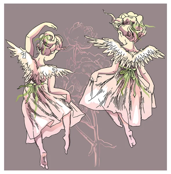 天使和花朵矢量插图. — 图库矢量图片